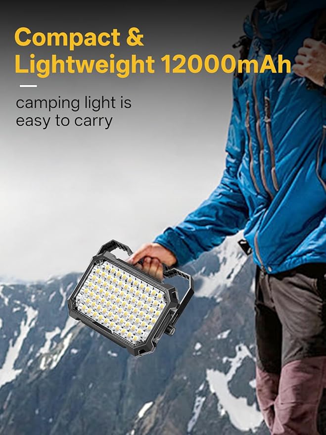 LED Work Light Rechargeable Outdoor, 12000mAh Work Flood Light 10000LM with 4 Light Modes as Power Bank for Camp Essentials, IP65 Waterproof Emergency Lantern for Tent, Power Outages, Car Repair
