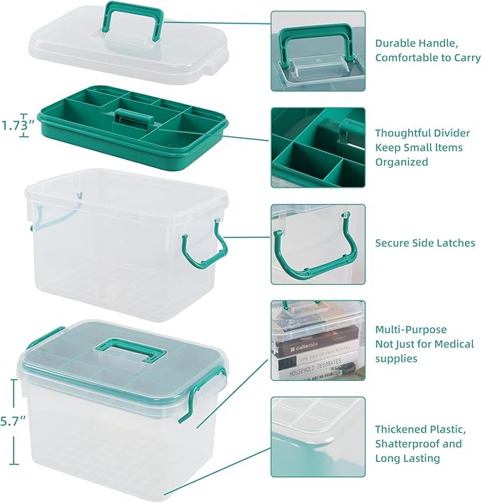 Medical Box, Plastic First Aid Storage Box, Emergency Supplies Medicine Organizer with Handle/Detachable Tray, Clear