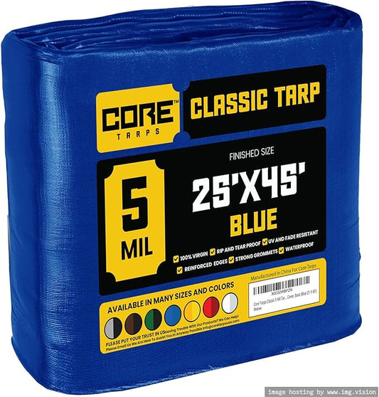 Core Tarps Classic 5 Mil Tarp Cover, Waterproof, UV Resistant, Rip and Tear Proof, Poly Tarpaulin with Reinforced Edges for Roof, Camping, Patio, Pool Cover, Boat (Blue 25′ X 45′)