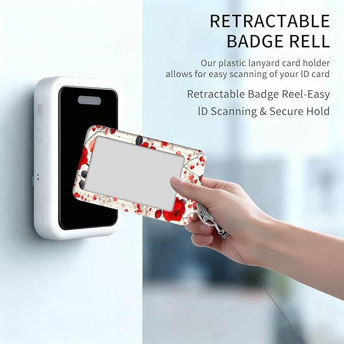 ID Badge Holder with Retractable Lanyard for Women & Men,Vertical ID Card Holder Wallet,Clear Window&Card Slot,Detachable Neck Strap for Nurse Teacher Office,Red Floral Art