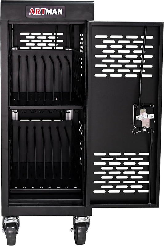 16-Device Mobile Charging Cart with Charging Power Strip and Front and Rear Access Locks, Cable Management, Up to 14", Safe Charging Cabinet for Chromebooks, Tablets, Laptops Black