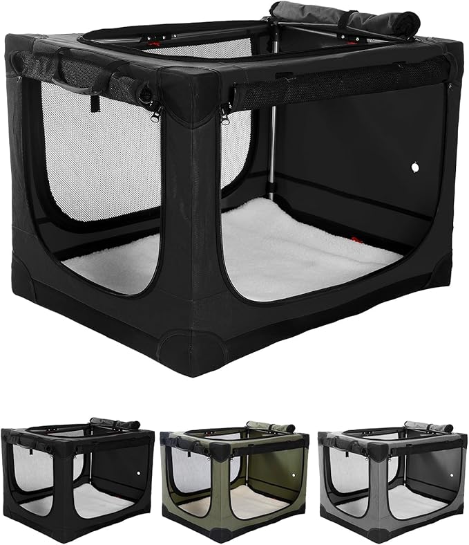 42 Inch Collapsible Travel Dog Crate for Medium Large Dogs, Portable Dog Crate 4-Door Foldable Soft Kennel with Durable Mesh Windows for Indoor & Outdoor Travel, with Storage Bag,Black