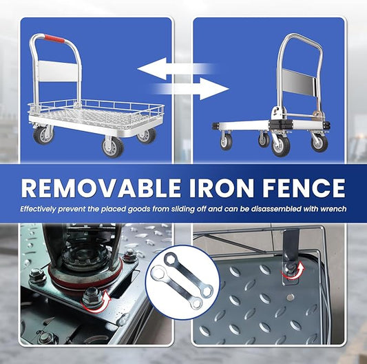 Heavy Duty Platform Truck with 6-Inch Brake Silent Wheels, Foldable Push Cart with Detachable Steel Wire Fence, Flat Hand Trucks for Gardens, Warehouses, Workshops (43.3 * 25.6 * 42.2in)