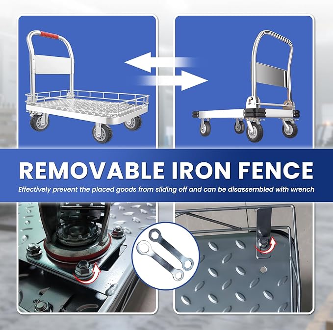 Heavy Duty Platform Truck with 6-Inch Brake Silent Wheels, Foldable Push Cart with Detachable Steel Wire Fence, Flat Hand Trucks for Gardens, Warehouses, Workshops (35.4 * 23.6 * 33.9in)
