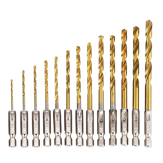 Professional Drill Bit Set, 13Pcs 1/4 Inch Titanium Coating HSS Drill Bits Kit with Hex Shank for Cast Iron, Hardened Metal, Stainless Steel, Plastic and Wood, Metric 1.5mm - 6.5mm