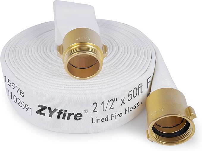 ZYfire Fire Hose - 2-1/2" ID x 50 FT Double Jacket TPU Firefighter Hose with M x F NST/NH Brass Couplings 1200 PSI Burst Pressure Lightweight for Firefighting & Residential Use