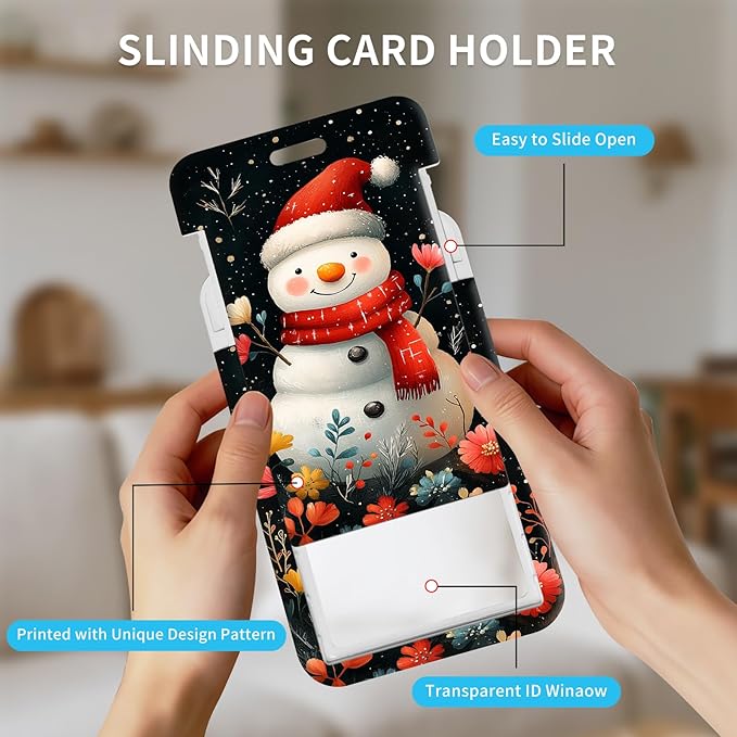 ID Badge Holder with Retractable Lanyard for Women & Men,Vertical ID Card Holder Wallet,Clear Window&Card Slot,Detachable Neck Strap for Nurse Teacher Office,Floral Snowman