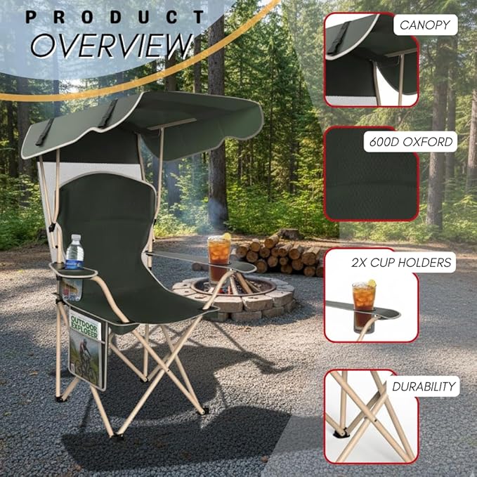 Portable Folding Camping Chairs with Canopy Shade, Beach Chair for Adults, Durable Weather Resistant 600D Oxford Cloth, Camping Chair with Canopy for Outdoors [Olive Green]