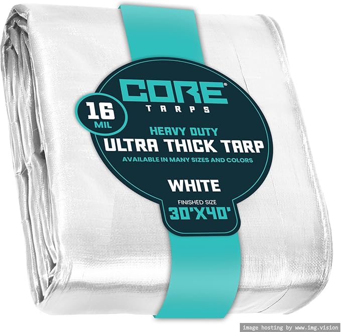 Core Tarps Extra Heavy Duty 16 Mil Tarp Cover, Waterproof, UV Resistant, Rip and Tear Proof, Poly Tarpaulin with Reinforced Edges for Roof, Camping, Patio, Pool, Boat (White 30′ X 40′)