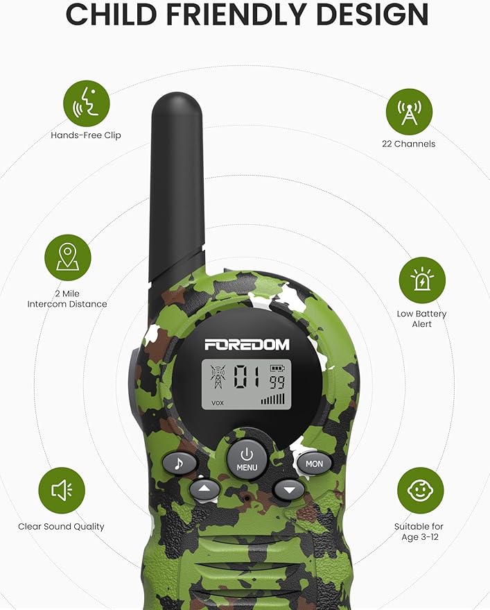 FOREDOM Walkie Talkies for Kids Walkie Talkies Long Range for Boys & Girls Age 3 to 12 Year Old Birthday Cool Army Toys - 3 Pack