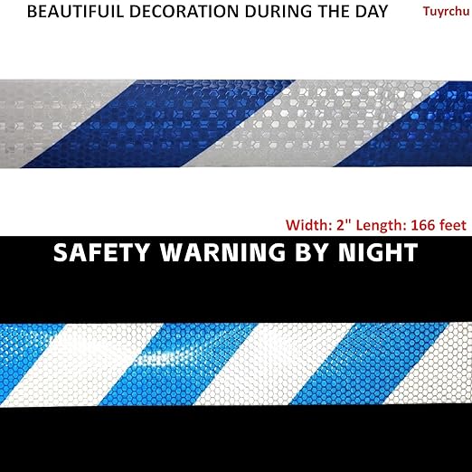 Reflective Tape Blue and White 2 inch X 166 feet, Outdoor Waterproof Hazard Conspicuity Warning Industrial Marking Tape