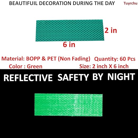 Green Reflective Stickers 2 inch X 6 inch, Outdoor Waterproof High Visibility Warning Safety Adhesive Reflector Tape (60 Pcs)