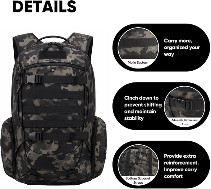 35L Tactical Backpack for Men, MOLLE Military Bug Out Bag, Waterproof Rucksack for Hiking with Hydration Port Balck CP