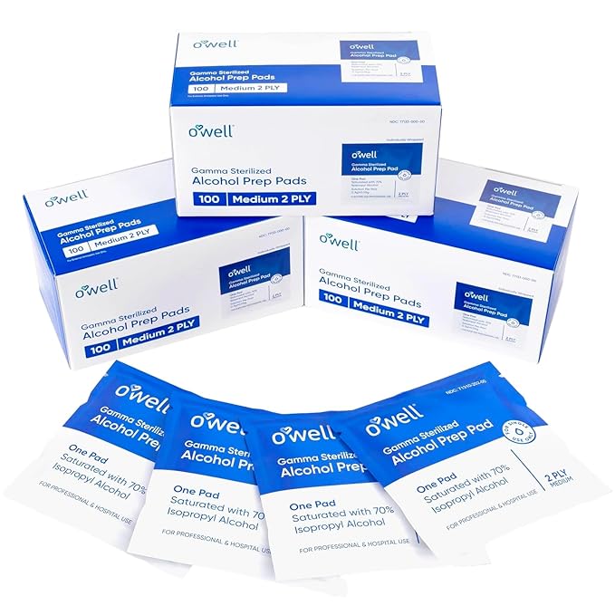 OWELL Prep Pads - 300 Individually Wrapped Sterile Alcohol Wipes, Medium 2-Ply Antiseptic Wipes for Disinfecting Skin, First Aid Kit Alcohol Swabs (3 Packs of 100 Count)