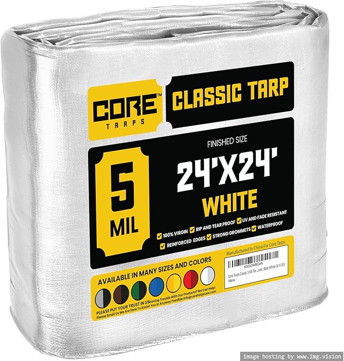 Core Tarps Classic 5 Mil Tarp Cover, Waterproof, UV Resistant, Rip and Tear Proof, Poly Tarpaulin with Reinforced Edges for Roof, Camping, Patio, Pool Cover, Boat (White 24′ X 24′)