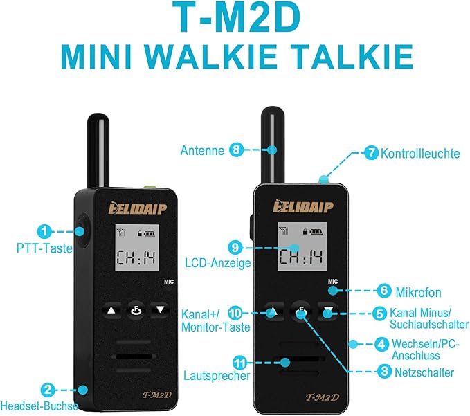M2D Super Mini Walkie Talkies,Portable Two Way Radios with Earpiece,LCD Display,Rechargeable WakieTalkies for Restaurant,Supermarket,Hospital,Indoor,Outdoor,Business,Hiking,Skiing,Black 2 Pack