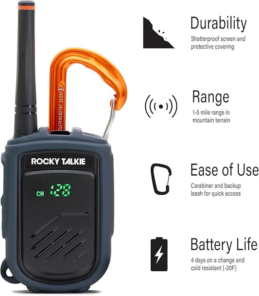 Rocky Talkie Mountain Radio - Long Range Walkie Talkie, FRS Handheld Radio, 4 Day Battery Life, Max Durability, 2 Pack