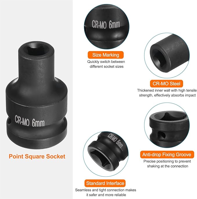 HARFINGTON 4 Point Square Socket 1/2" Drive 6mm Metric Square Impact Socket CR-MO Blackening Standard Wheel Sockets Pneumatic Socket Tool for Auto Repair Mechanical Maintenance Home Use