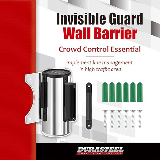 DuraSteel Wall Mount Retractable Belt Barrier - 9.2 Ft Red Belt in Sturdy Stainless Steel Case - Guardian 1.0 Indoor & Outdoor Do Not Cross Caution Tape for Crowd Control Queue Barrier, Line Divider