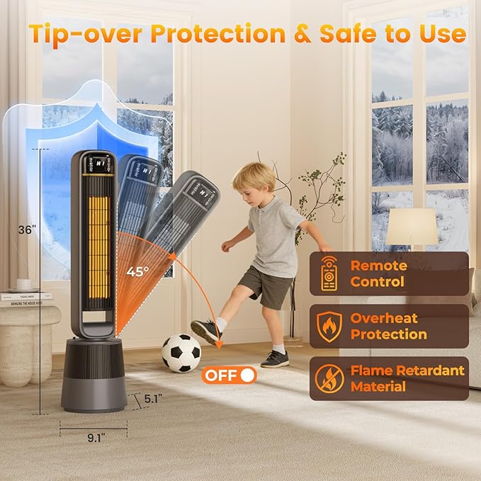 VCJ 36" Space Heaters, 1500W 12H Timer Electric Heater for Indoor Use, Remote, 150° Oscillation, Water Mist, Overheat & Tip-Over Protection, Quiet Portable Tower Heater for Bedroom Living Room Garage