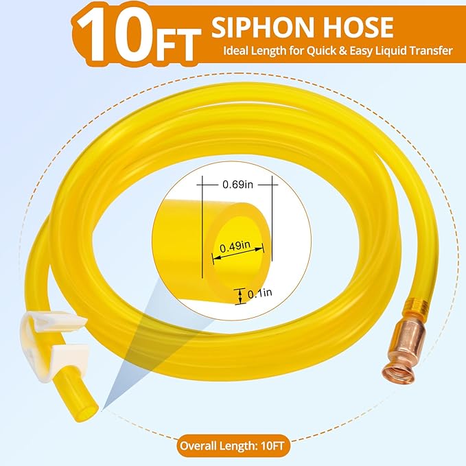 Siphon Hose - Gas Siphon Kit, Portable 10 Ft Self Priming Multi-Purpose Shaker Siphon Hand Pump Tube for Fuel Transfer Pump with 1/2" Valve & Clip