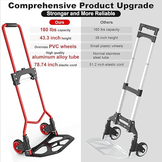 Folding Hand Truck Dolly Cart, 180LBS Portable Aluminum Hand Truck Foldable with Telescoping Handle and Elastic Cord for Luggage, Boxes, Functionality Foldable Dolly for Home, Moving, Black Red