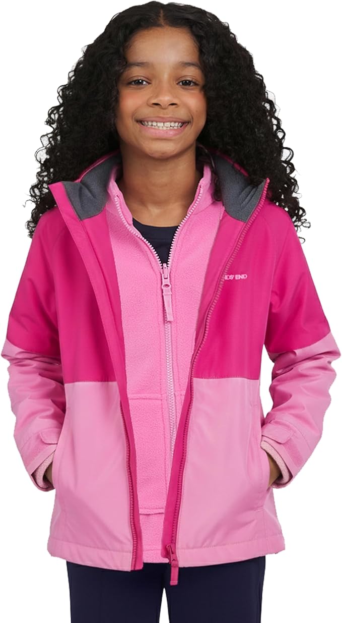 Lands' End Unisex Kids 3-in-1 Water Resistant Windbreaker and Zip-out Polar Fleece Jacket