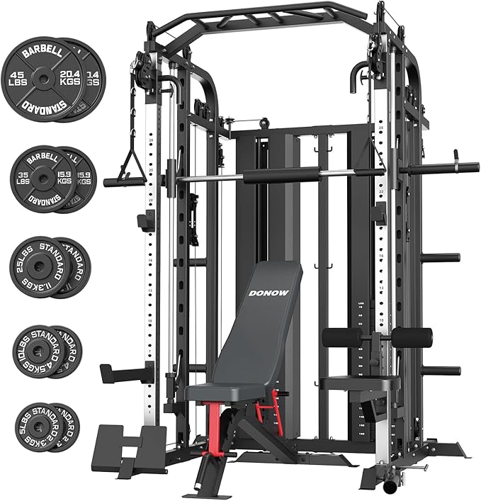 DONOW Smith Machine with Weight Stacks, Multi Function Home Gym System Training Power Cage Squat Rack Dual Cable Crossover Machine All in One