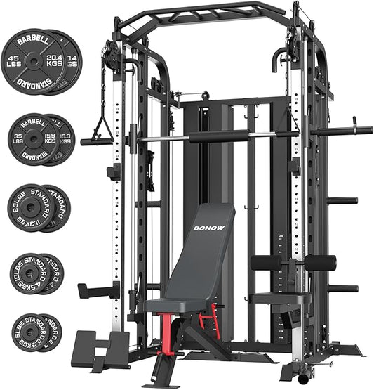 DONOW Smith Machine with Weight Stacks, Multi Function Home Gym System Training Power Cage Squat Rack Dual Cable Crossover Machine All in One