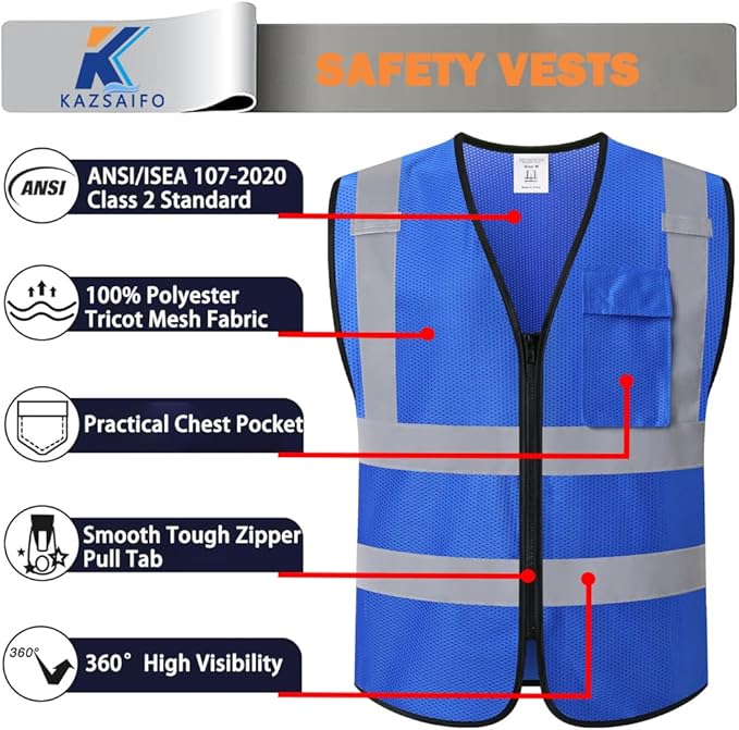 Hi Vis Reflective Safety Vest for Men Women Work, Mesh High Visibility Construction Vest with Chest Pocket and Zipper Front,Meets ANSI/ISEA Standard (KZ179-Blue-XL)