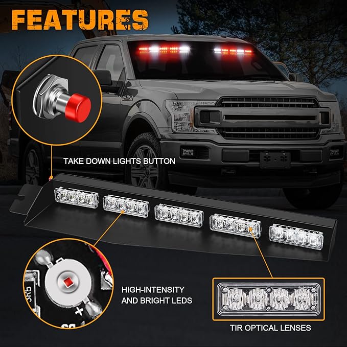 XRIDONSEN 34 inch Emergency Visor Lights 40 LED Red White Strobe Lights Interior Front Windshield Warning Flashing Hazard Light w/Take Down for Volunteer Firefighter Vehicles POV Trucks