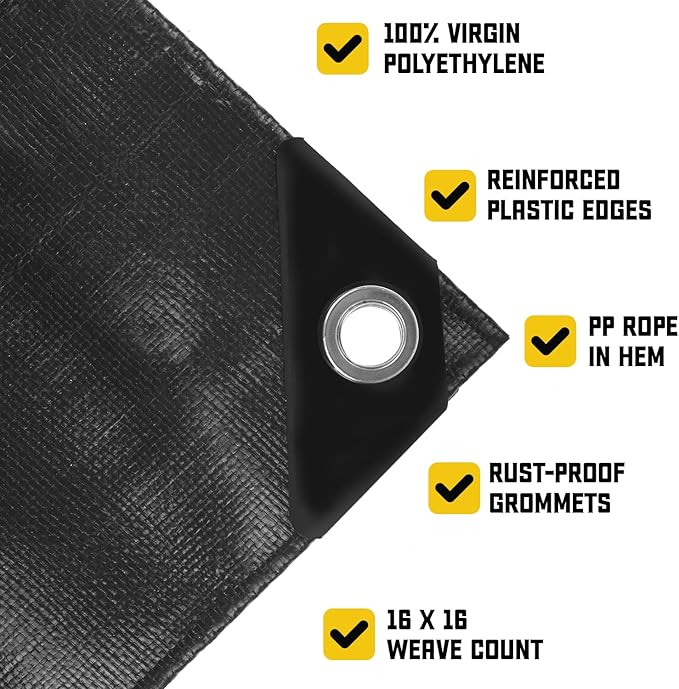 Core Tarps Extreme Heavy Duty 20 Mil Tarp Cover, Waterproof, UV Resistant, Rip and Tear Proof, Poly Tarpaulin with Reinforced Edges for Roof, Camping, Patio, Pool, Boat (Black 30′ X 60′)