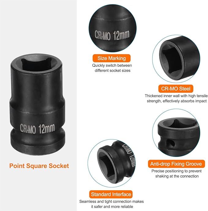 HARFINGTON 4 Point Square Socket 1/2" Drive 12mm Metric Square Impact Socket CR-MO Blackening Standard Wheel Sockets Pneumatic Socket Tool for Auto Repair Mechanical Maintenance Home Use