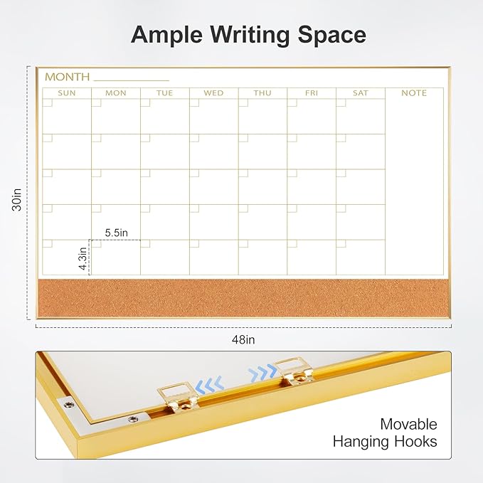 ARCOBIS Large Dry Erase Calendar with Cork for Wall, 48"x 30" Magnetic Calendar Whiteboard with Gold Frame, Monthly Combination Board for School, Home, Office