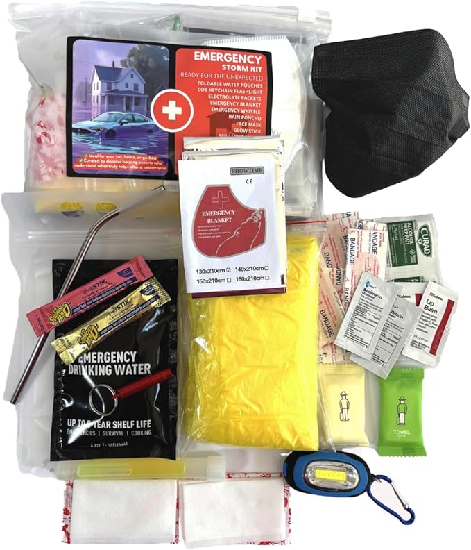 Emergency Storm Survival Kit – 15 Essentials (31 Total Pieces) Hurricane, Power Outage & Disaster Preparedness Supplies with Water, Electrolytes, First Aid, Flashlight & Blanket