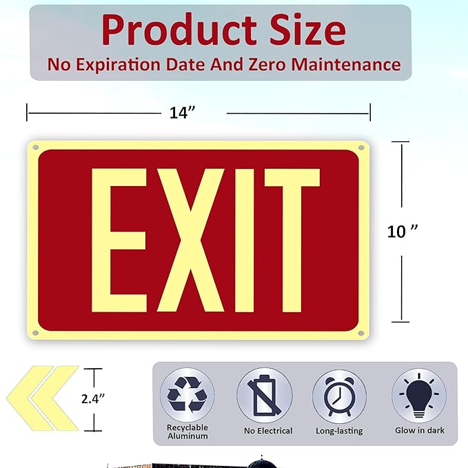4Pack Photoluminescent Exit Sign Red, 14"x 10" Aluminum Glow In The Dark Exit Signs with Strong Adhesive Backing and 8pcs Removable Directional Arrows Glow In The Dark,Easy to install