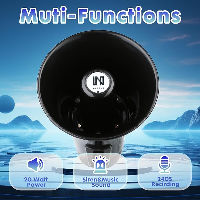 20 Watt Rechargeable Megaphone Bullhorn with Siren and 240s Recording, BT and USB Input, Megahone Speaker with Power Display and Portable Strap (Black)