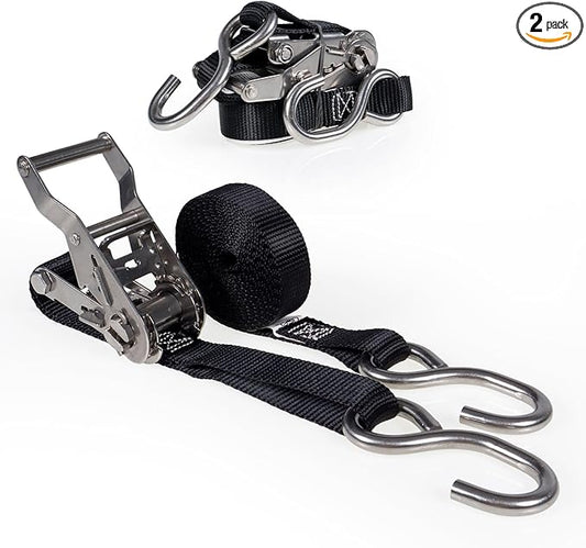 US Cargo Control Stainless Steel Ratchet Straps with S-Hooks 1" X 10' (2-Pack), 765 LBS Break Strength, Marine Tie Down Straps for Boats, ATVs, Trees, Camping, Snow, Saltwater Applications