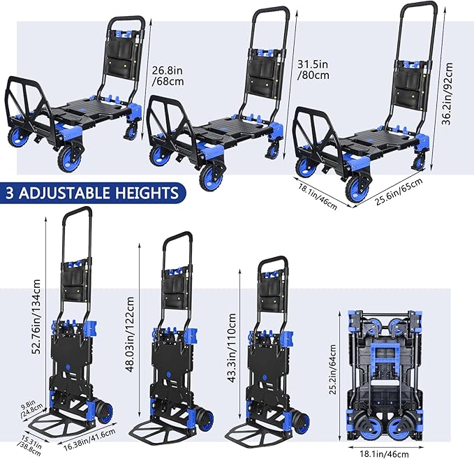 Folding Hand Truck, 2 in 1 Portable Heavy Duty Carrying Moving Dolly Cart with 4 Foldable Wheels and Retractable Handle Duty 330lbs (Blue)