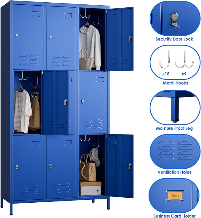 Metal Lockers for Employees with 9 Doors and 27 Hooks, 72”H Storage Locker with Card Slot for Office Gym School Bedroom, Blue, Assembly Required