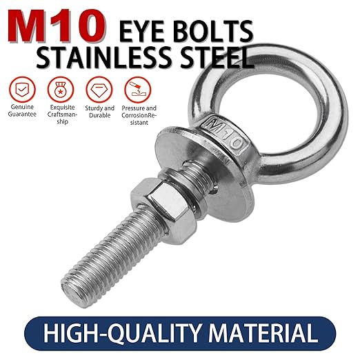 4 Pack M10 Stainless Steel Eye Bolts with Nuts, 3/8" x 2" Long Lifting Ring Eye Bolt， Eye Bolts Heavy Duty for Hang Tie Down Outdoor (4, M10x51mm (3/8"x2"))