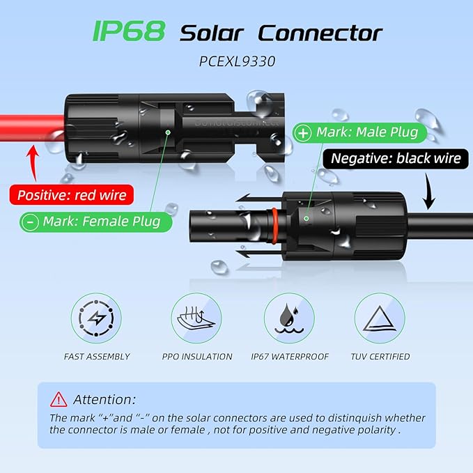 10FT 12AWG Solar Panel Extension Cable, Bateria Power 12 Gauge 4mm² PV Wire with Female & Male Waterproof Connectors for RV, Photovoltaic Systems, Set of 2