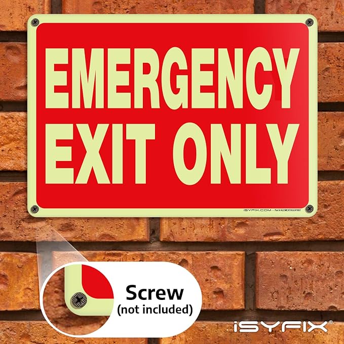 iSYFIX Emergency Exit Only Signs – 10 Pack 10x7 Inch – 100% Rust Free .040 Aluminum Signs, Glow in the Dark Laminated for Ultimate UV, Weather, Scratch, Water and Fade Resistance, Indoor and Outdoor