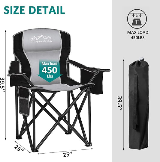 Folding Camping Chair Portable Outdoor Heavy Duty Padded Chairs Lawn Chair with Cup Holder, Storage Pocket and Cooler Bag, Supports 450LBS Black