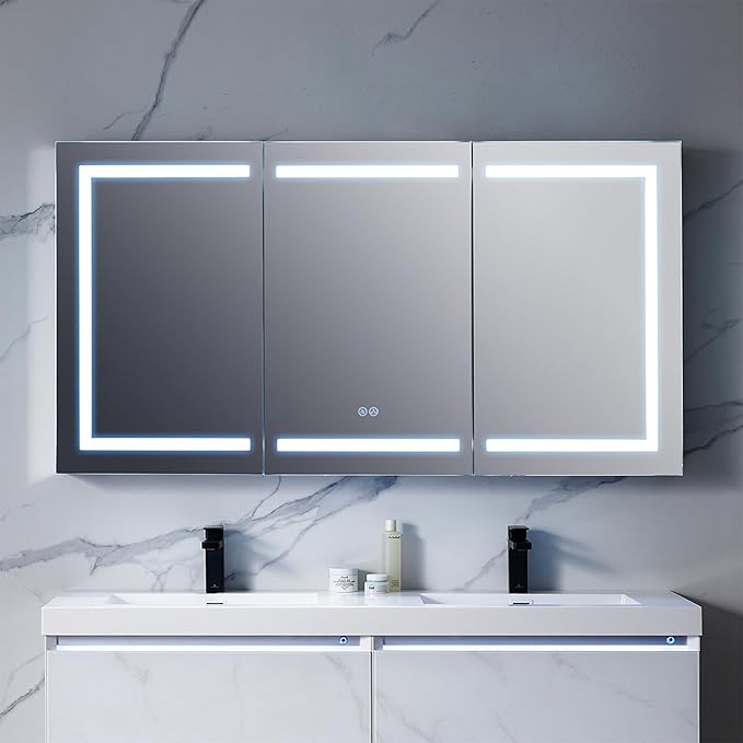 Blossom 60-Inch LED Lighted Mirror Medicine Cabinet - Recessed or Surface Mount Bathroom Cabinet - One Touch Built-in Defogger - Dimmer - Makeup Mirror - 3 Adjustable Glass Shelves