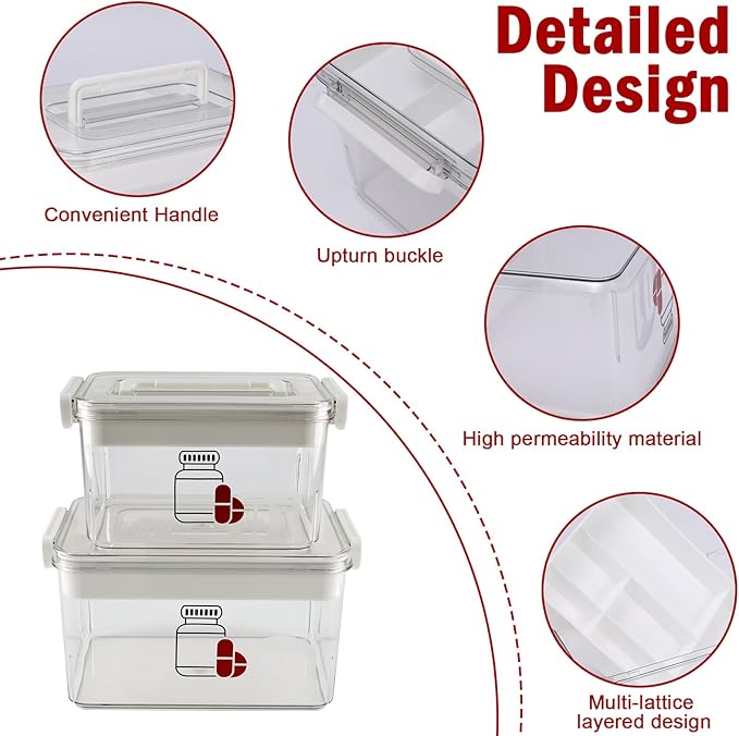 2 Pack First Aid Box, Clear Plastic Medicine Storage Box with Lock Lid & Handle, Medicine Kit Case Container Empty, Medical Box for Supplements Medicine Storage Emergency Supplies Organizer