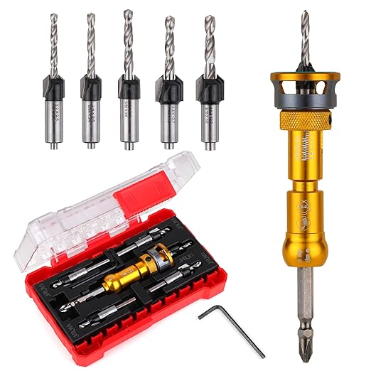 Countersink Drill Bits Set with Depth Stop (1/8", 9/64", 5/32",3/8”,1/2”), Quick Change Hex Shank Countersink Drill with Phillips Bit for Wood, Plastic, Woodworking