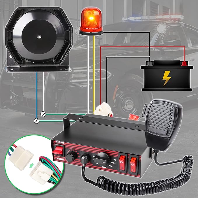 Police Siren for Car 8 Tones Warning Emergency Siren PA System with Handheld Microphone 12V 200W for The Ambulance,Fire Truck,Engineering Siren for Vehicle