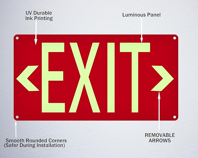 Photoluminescent Exit Sign Aluminum Red - with Removable Directional Arrows, With strong self adhesive tape, 14.25 x 7.5 - Non Electrical Red Exit Signs For 50 Feet Visibility