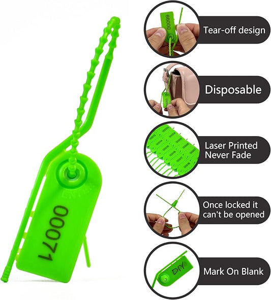 200 Anti-Tamper Fire Extinguisher Tags Plastic Security Seal Tags Break Tags Numbered Pull Tite Signage Inspection Tags Secure Tamper Proof Zip Ties for First Aid Kits, Clothes, Bags (Green)